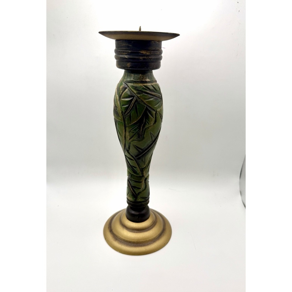 Vintage Style Carved Green Wood Candlestick Candle Holder Leaf Design 12" Tall
